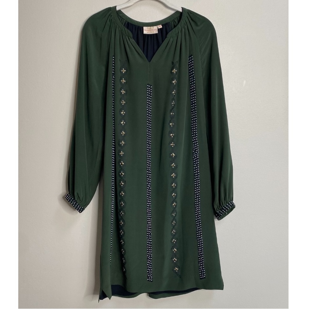 Rungolee Olive Green Beaded Embellished Long Sleeve Silk Dress Size XS